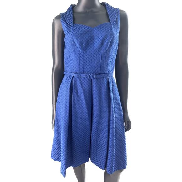 David Meister Size 6 Blue Fit Flare Belted Dress - Picture 1 of 12